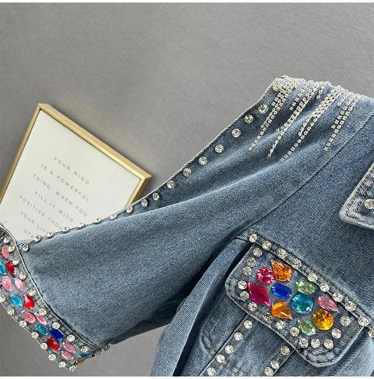 Tassel Rivet Colorful Diamond rhinestone luxury Fashion Women Long Sleeve Streetwear Outwears denim Jackets Coat Summer - CRAVO ROSE