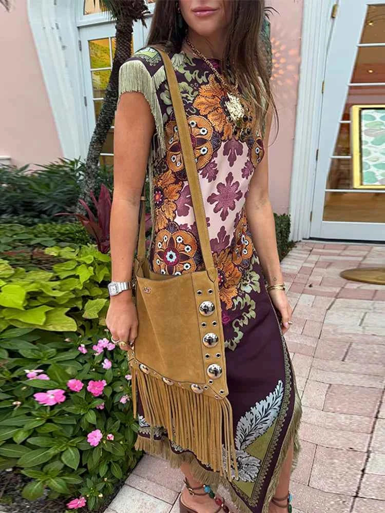 Elegant Printed Women's Tassel Dress Fringed Sleeveless Slim Irregular Party Evening Dresses 2026 Spring Summer Lady Vestidos