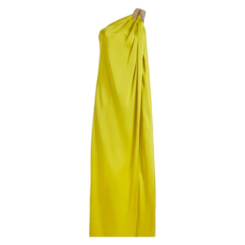 Vestido de noite elegante feminino Freeacy Loose Fit, cor sólida, amarelo, um ombro só, cintura alta, corte H, fenda lateral, vestido longo