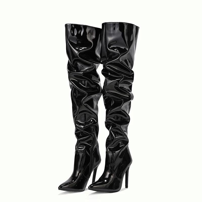 Aneikeh Patent Leather Over The Knee Chelsea Boots Women Shoes Heels Fashion Solid Sexy Thin High Heel Side Zippers Boots Female - CRAVO ROSE