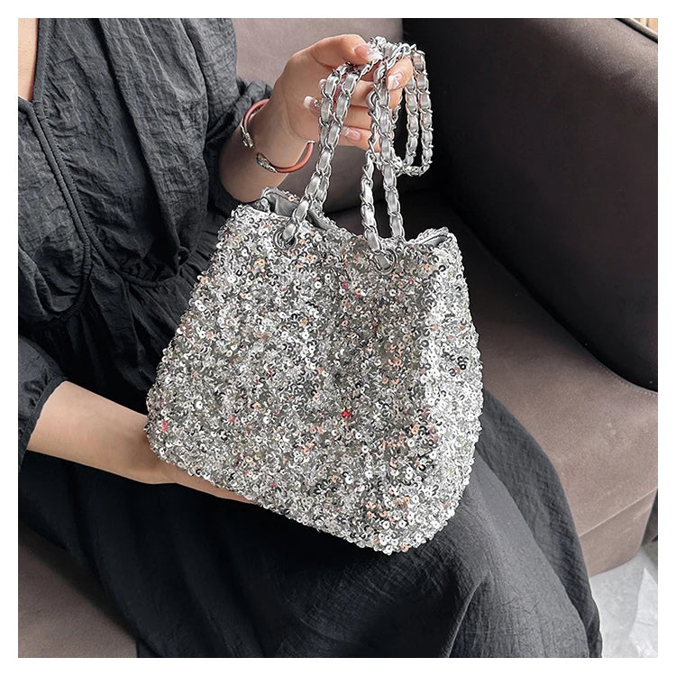 Sparkling Sequins Bucket Shoulder Bags Sense of Luxury Large Capacity Fresh Crossbody Bags for Women 2024 Fashion Versatile Hot