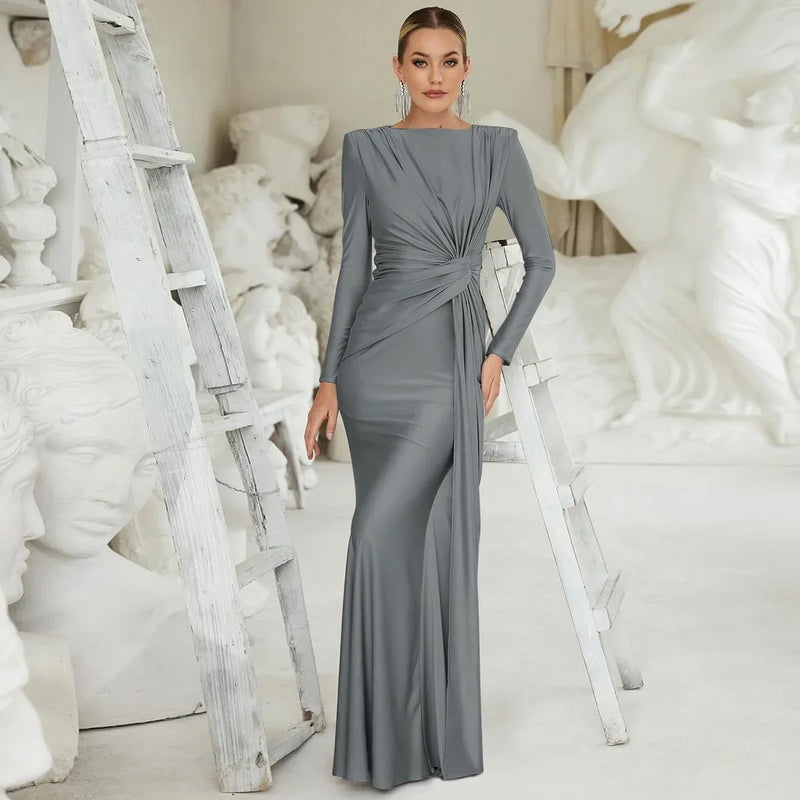 Elegant High Waist Folds Long Maxi Pink Dresses for Women 2025 Chic O-neck Long Sleeve Tunics Slim Solid Party Evening Dress