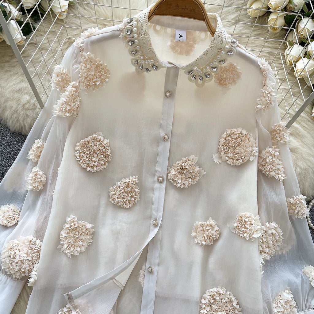 Blusa básica de manga comprida, gola polo vintage, gravata, abotoamento simples, solta, com strass, moda urbana francesa, blusa de outono