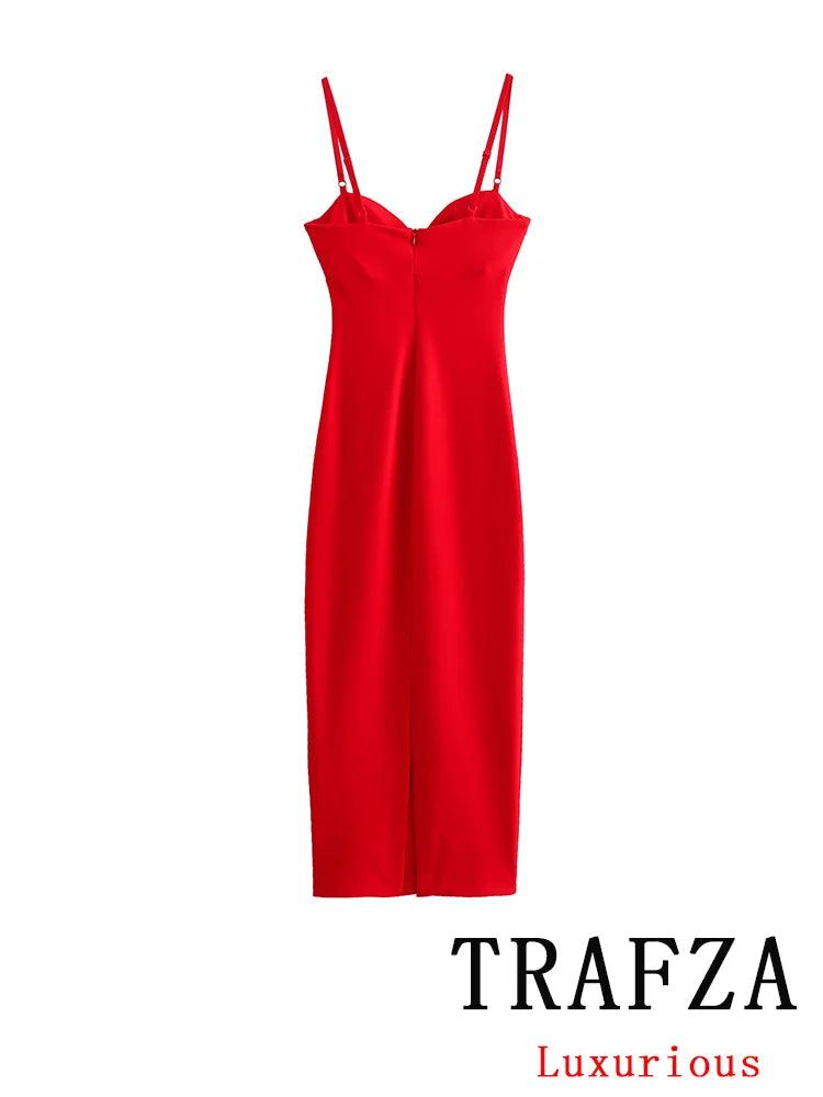 TRAFZA Vintage Chic Casual Women Dress Solid Sleeveless Spaghetti Strap Mid-Calf Slip Dress Fashion 2024 Spring Summer Dress - CRAVO ROSE