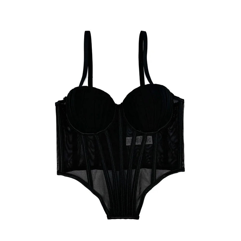 Corpete transparente de malha feminino, faixa espinha de peixe na cintura, corpete bustiê, tops sensuais