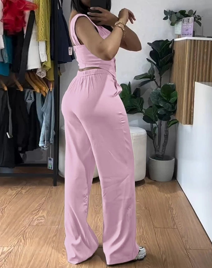 Conjunto feminino de duas peças para blusa regata de alças grossas com botões frontais, modelagem justa e calça pantalona de cintura alta