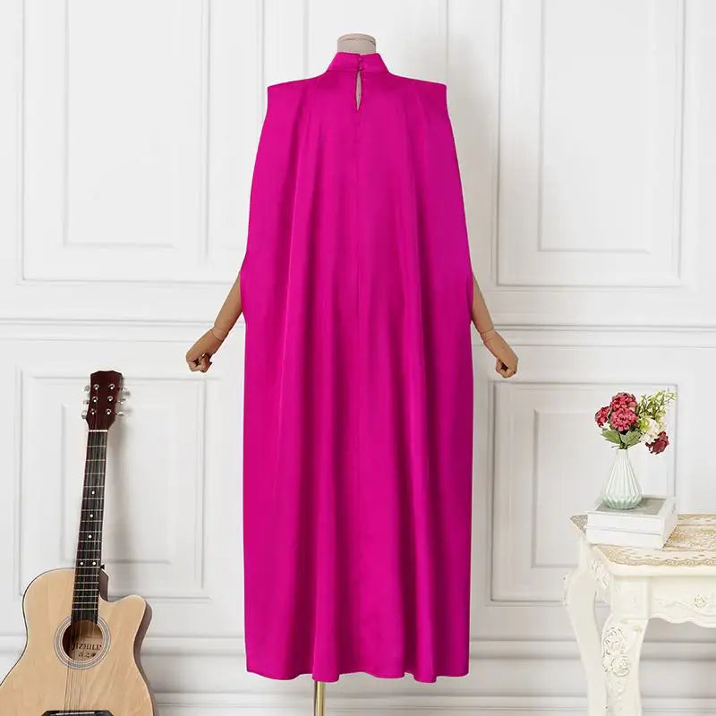 VONDA Women Elegant Satin Dress 2024 Fashion Long Bat Sleeve Stand Collar Evening Pleated Maxi Sundress Casual Solid Loose Robe