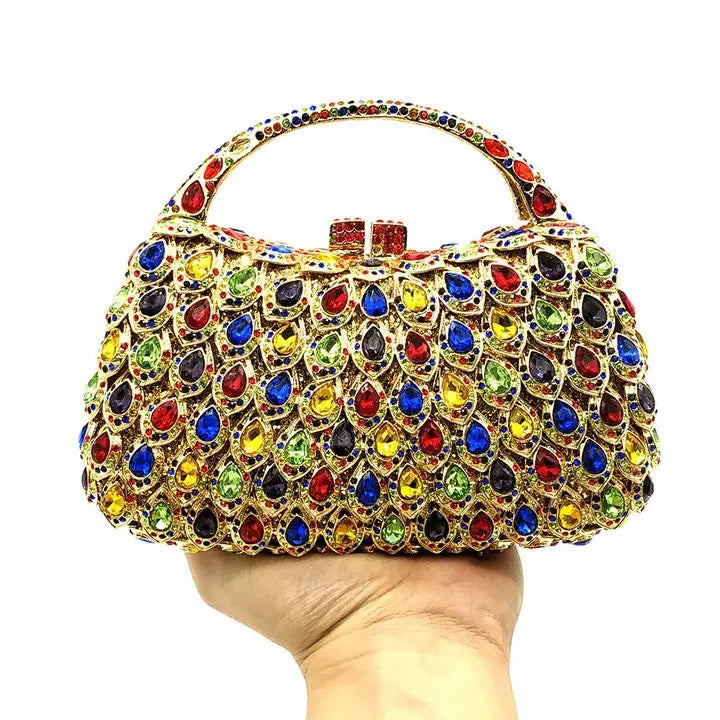 Boutique De FGG Pink Crystal Rhinestone Clutch Handbag Women Metal Minaudiere Top Handle Tote Purse Wedding Party Evening Bag