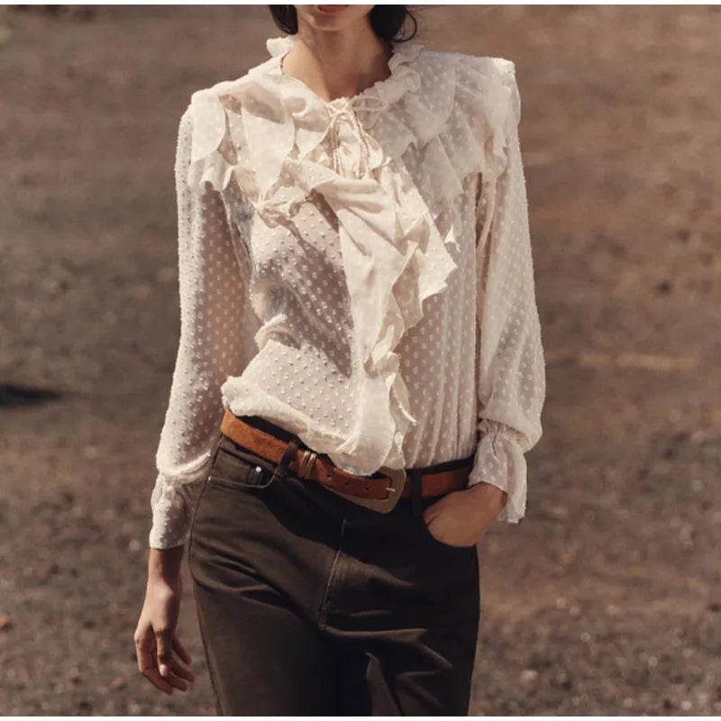 Blusa feminina elegante, azul, gola alta, babados, manga comprida, lisa, solta, chiffon, nova blusa feminina de verão 2025