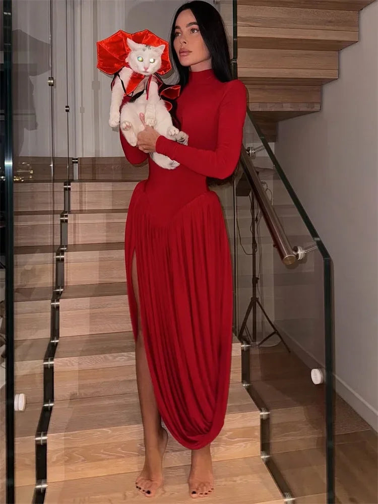 Tuularose Red Hollow Dress Women High Waist Sexy Backless Long Sleeve Gathered Dress Summer Patchwork Retro Party Evening Dress