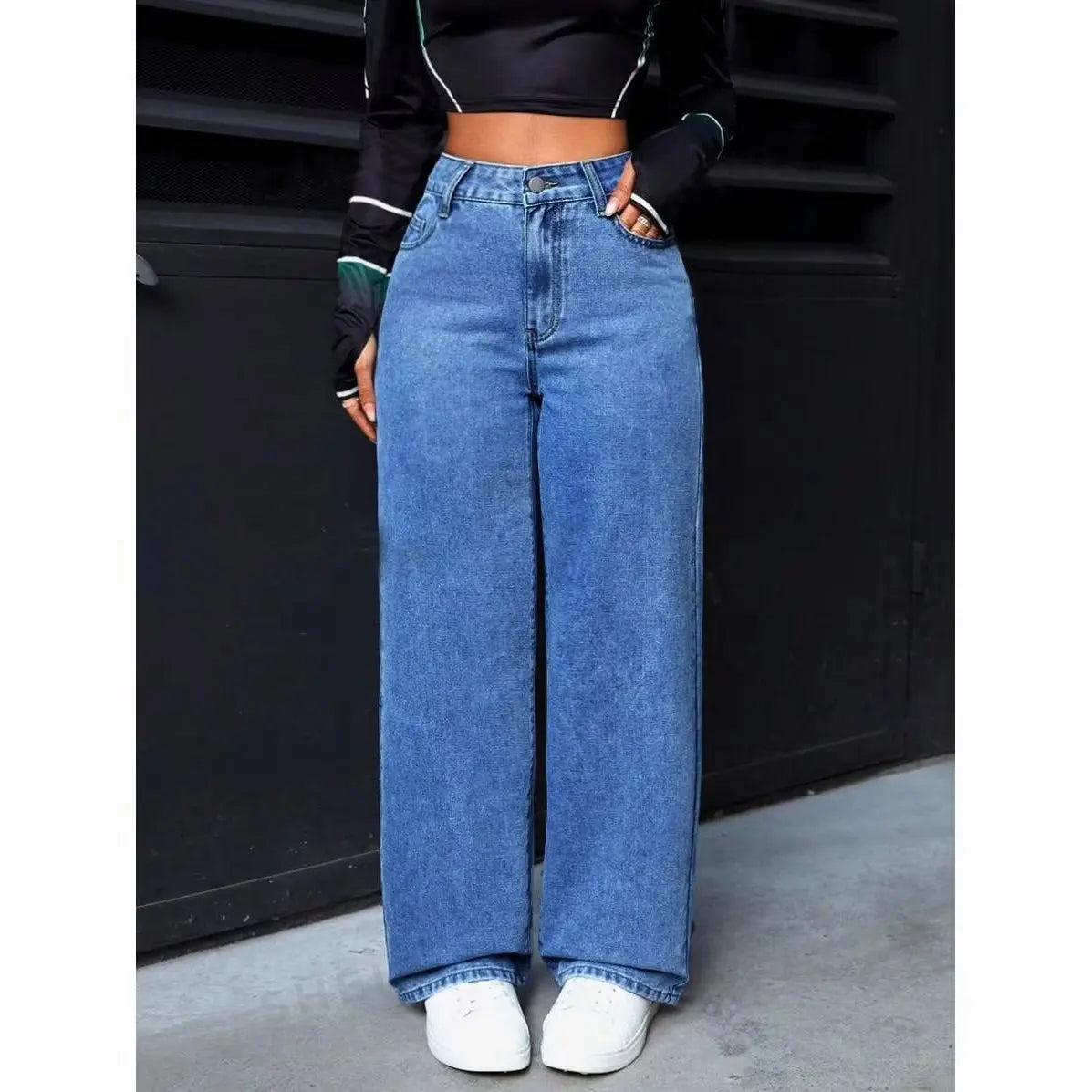 Trendy Cross-Border Hot Selling Women's Sweet-and-Spicy Style High-Waist Loose Casual Straight Leg Jeans Cotton Gauze