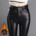 Calças de couro sintético de caxemira femininas outono/inverno 2024, grossas e de lã, cintura alta, justas e quentes, leggings pretas