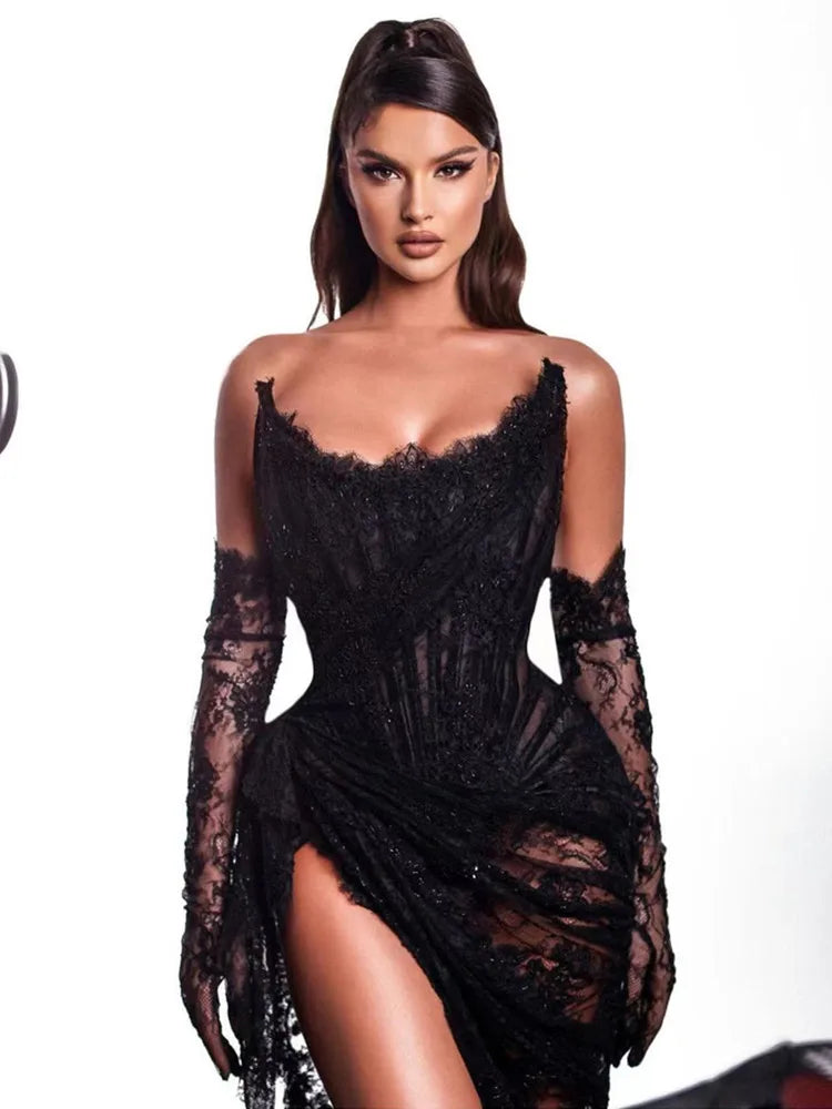 Luxury Designer Fashion Women Black Strapless Lace Embroidery Bodycon Open Leg Long Dress with Gloves Formal Evening Party Gowns