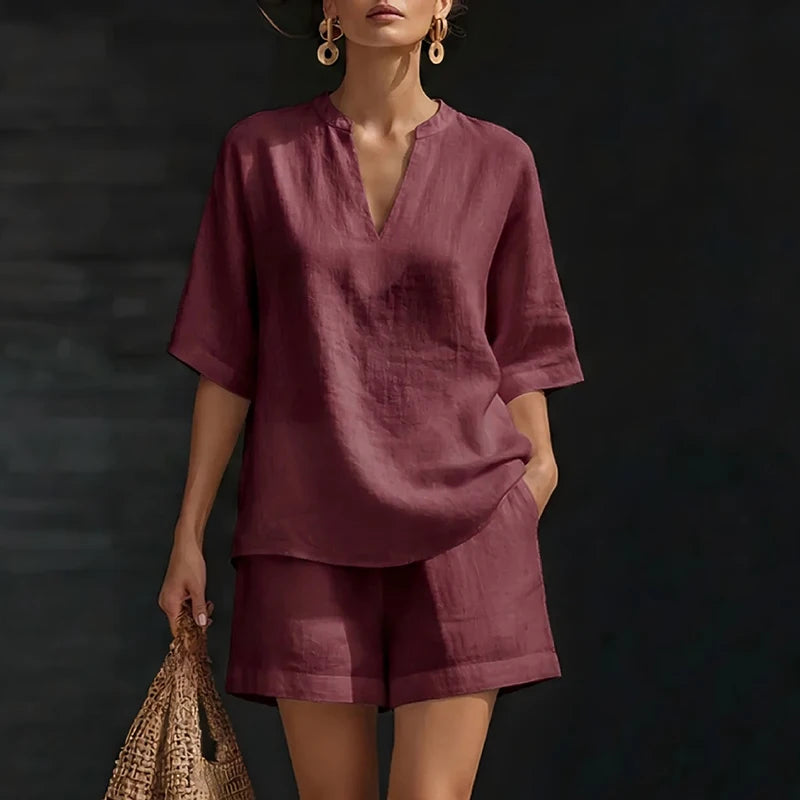 Summer Casual Cotton Linen Two Piece Set For Women V Neck Short Sleeve Shirt High Waist Pocket Short Suit Women Comfortable Set