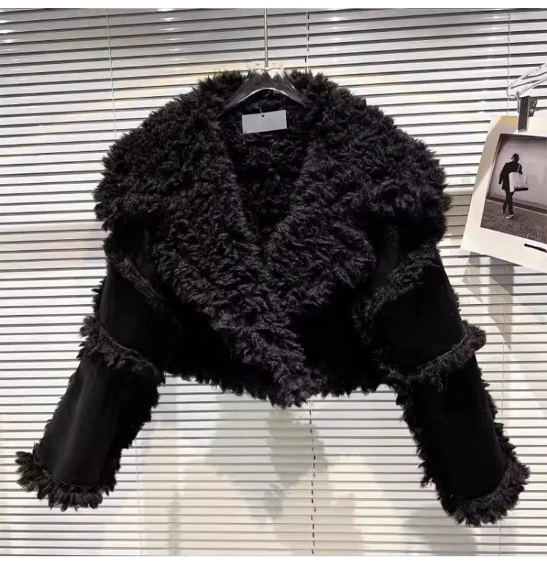 Lautaro Autumn Winter Short Hairy Thick Warm Black Faux Sheepskin Coat Women with Long Sleeve Luxury Designer Fluffy Jacket 2023