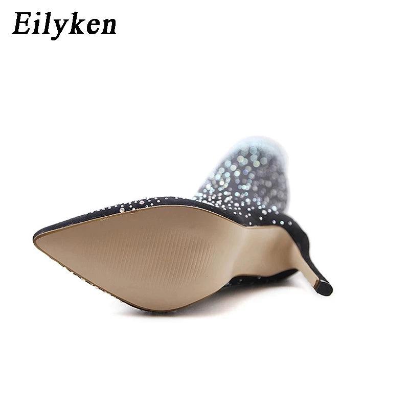 Eilyken Design Cristal Strass Tecido Elástico Sexy Salto Alto Meia Botas Acima do Joelho Bico Fino Pole Dancing Sapatos Femininos - CRAVO ROSE