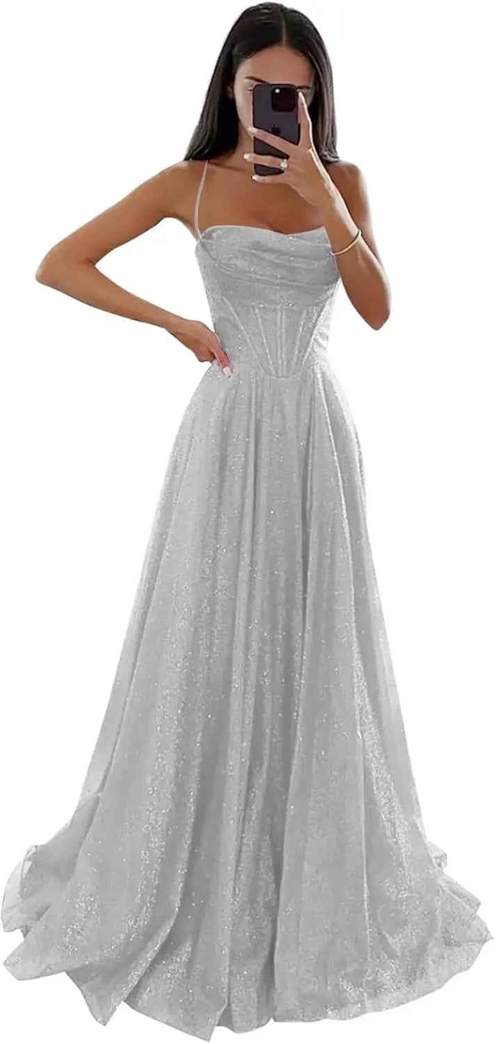 Spaghetti Straps Sleeveless Prom Dress for Women Long Shiny Tulle Formal Evening Party Gown with Slit Formal Dress Women Elegant