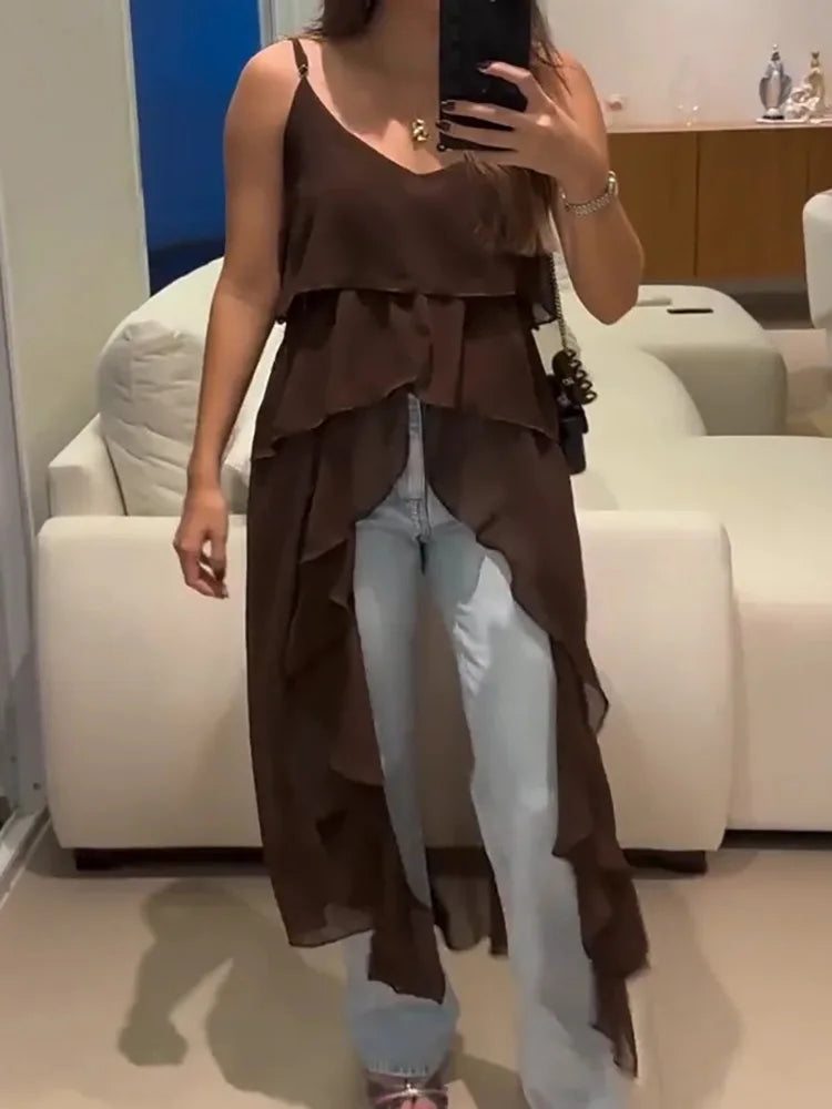 Blusa feminina longa com babados, elegante, lisa, sem mangas, casual, 2025, praia, decote em V, costas nuas, blusa feminina