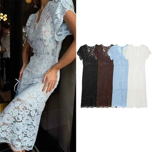 Women's Dress 2026 Summer New Solid Color Short Sleeve V-neck Lace Waistband Long Dress Elegant and Stylish Fashionable