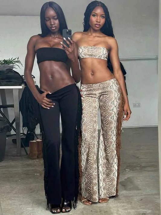 Weird Puss Side Tassel 2 Piece Set Women Tracksuit Mini Strapless+Straight Pants Matching Stretch Street Cool Hipster Outfits