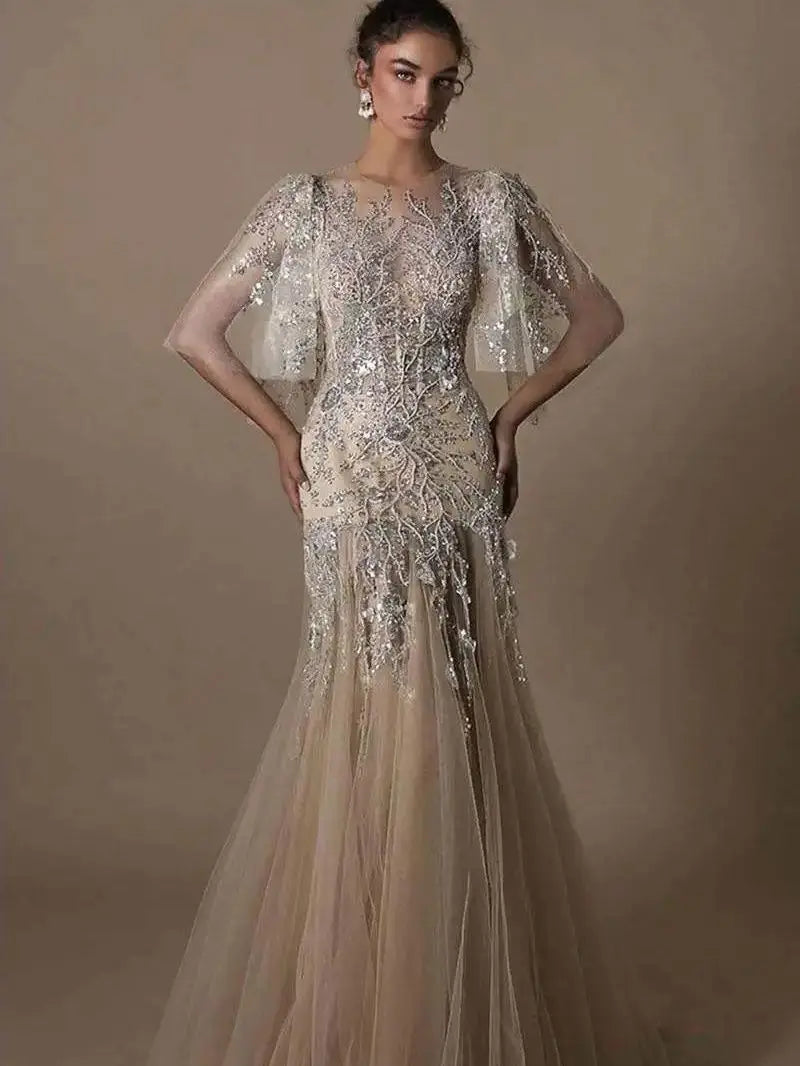 Elegant Evening Dresses Mermaid O-Neck Appliques Sequined Half Sleeve Prom Gown Party Dress Vestido De Noite Custom Made