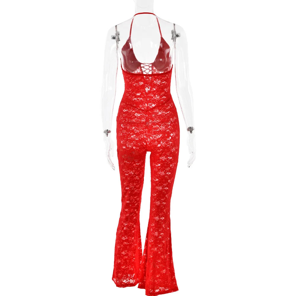 Women's New Sexy Fashion Hollow-Out Lace See-Through Backless Halter Slim Jumpsuit