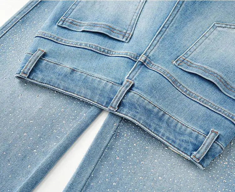 High Waist Wide Leg Denim Jeans Women's Spring 2026 New Style Glittering Star Explosion Nine Point Straight Cut Diamond Embel...