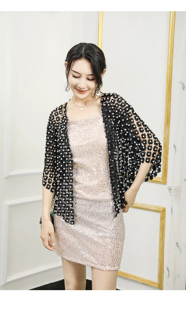 Women Beads Coat 2025 Summer Style Women Perspective Shawl Fashion Hollow Out Lace Boleros Short Sleeve Coats Jackets Femal