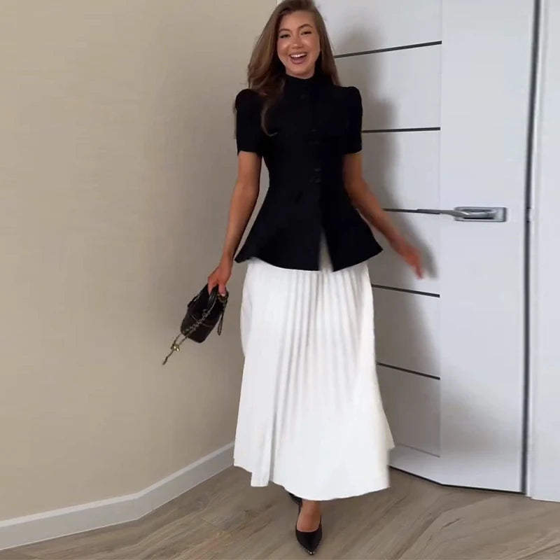 Elegant Short Sleeve Waist Single Breasted Top Pleated Midi Skirts Fashion A Line Skirt Set for Women 2026 Spring Female Outfits