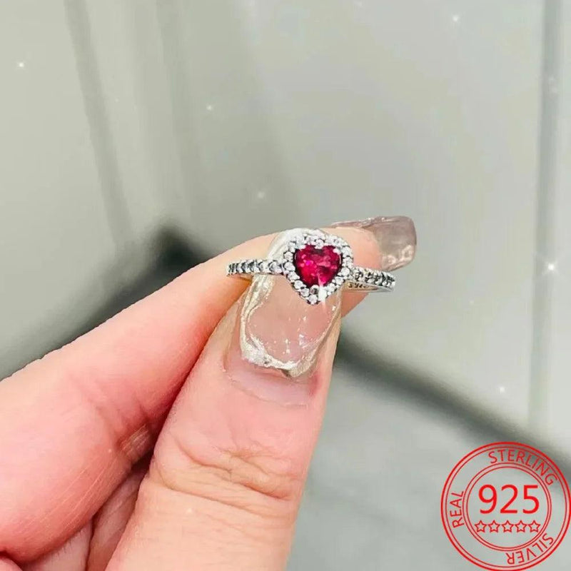 New 925 Sterling Silver Sparkling Heart Halo Pendant Collier Necklace Red Heart Ring Round Hoop Earrings Women Jewelry Set Gift - CRAVO ROSE