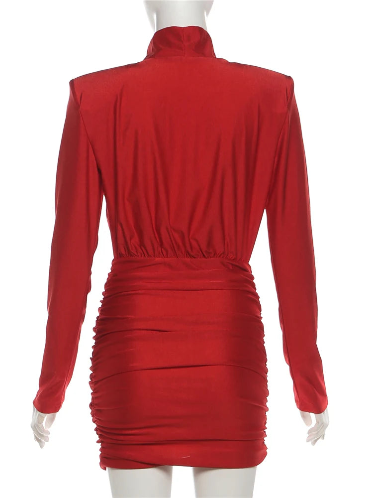 Weird Puss Elegant Shoulder Padded Dress Women Turtleneck Ruched Sexy Classic Office Commute Simple Peach Hip Slim Mini Bodycon