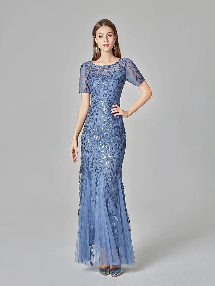 Plus Size Women's Evening Dress Fishtail Short Sleeve Lace Appliqué Tulle Stitching Personalized Design Long Party Evening Dress