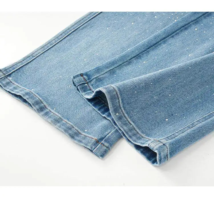 High Waist Wide Leg Denim Jeans Women's Spring 2026 New Style Glittering Star Explosion Nine Point Straight Cut Diamond Embel...