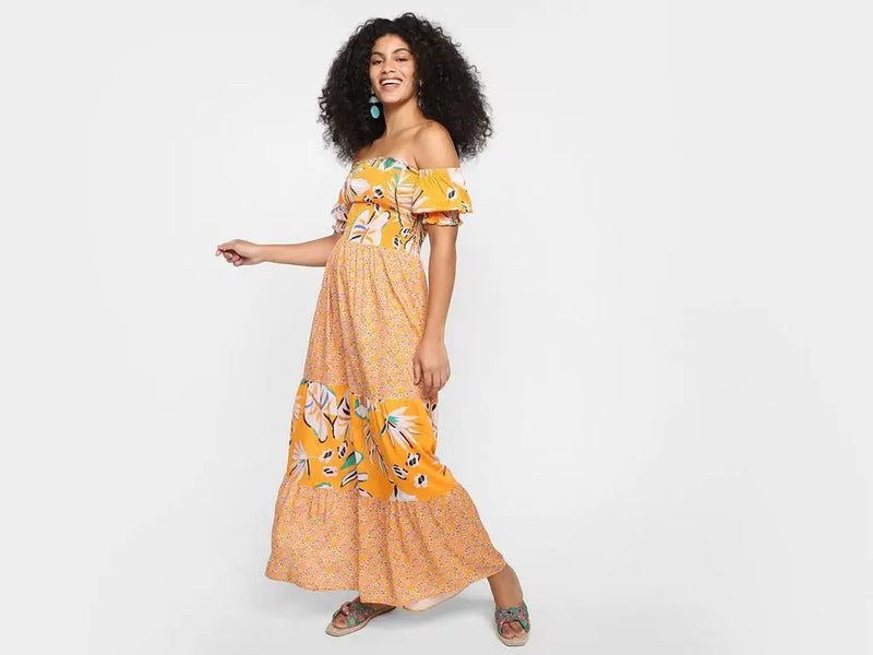 Lastex Floral Long Shoulder Magalu Dress