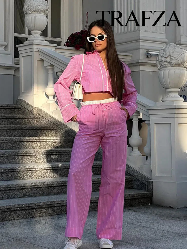 TRAFZA Women 2 Piece Set Elegant High Waist Loose Drawstring Pocket Wide Leg Pants Stripe Lapel Pocket Button Shirt Top Traf