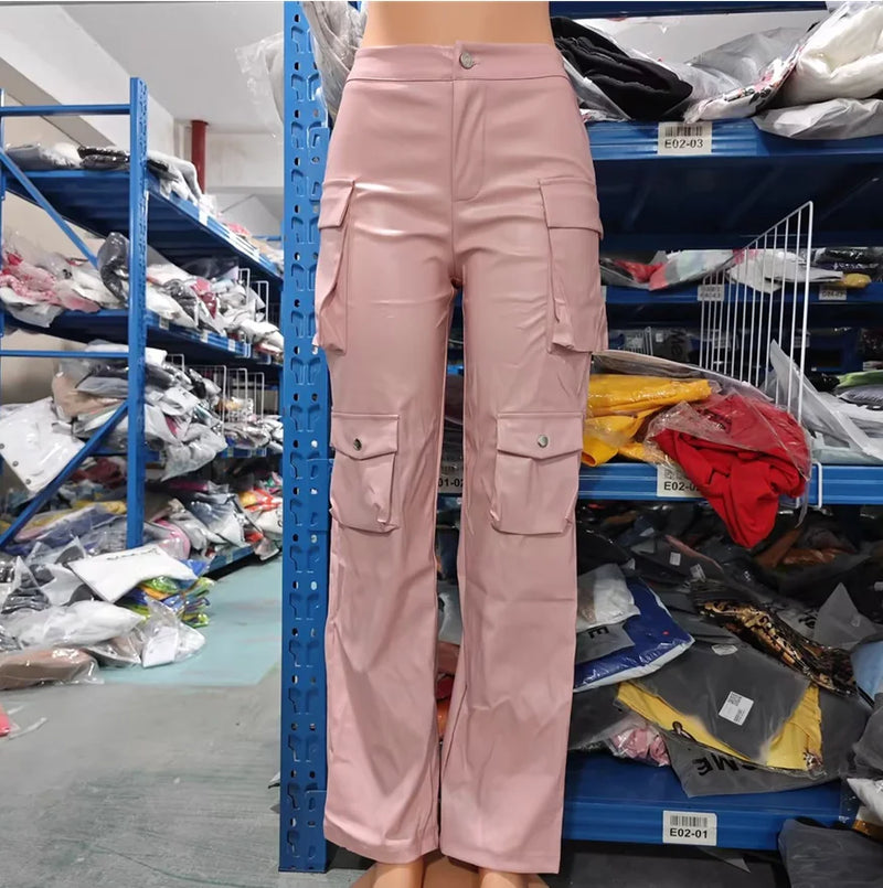Calças casuais de couro sintético com perna reta e bolsos lisos, cintura alta, moda feminina