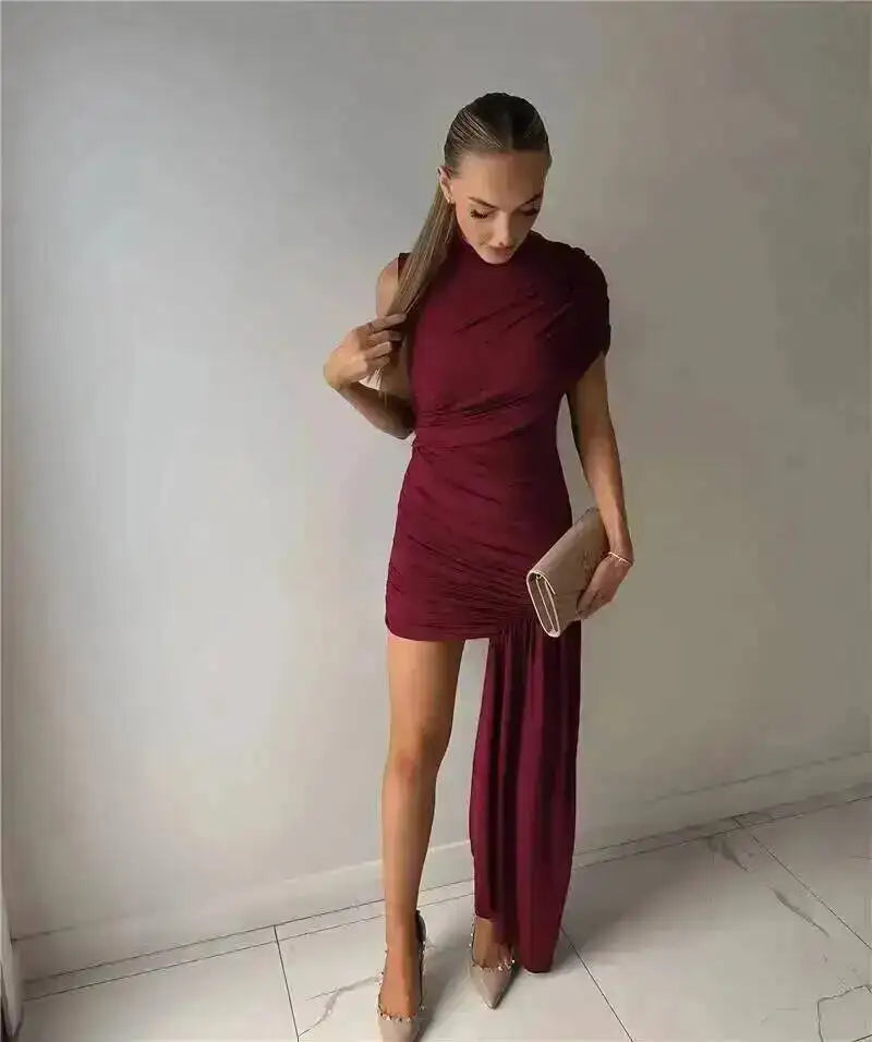 Balitops Summer Draped Ruched Sexy Mini Dress Women 2025 New Irregular High Waist Slim Fit Dress Female Elegant Club Tank Dress