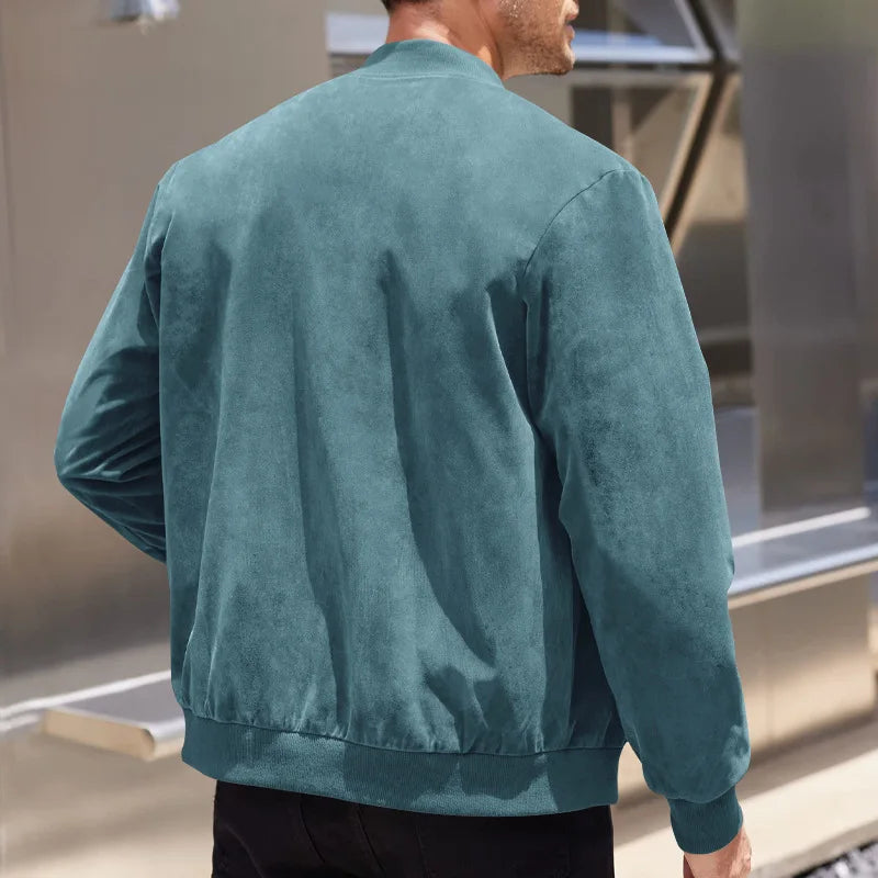 Men's Business Casual Suede Jacket Zipper Collar Warm Sporty Outerwear Polyester Fabric Long Sleeve round Hem Knitted Sleeve
