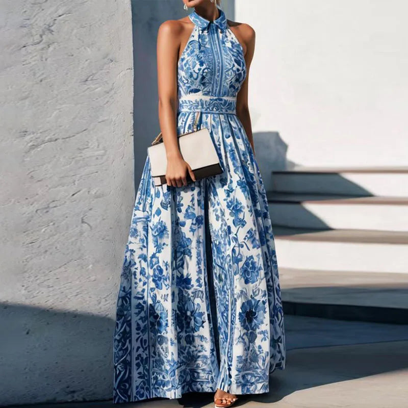 Vestidos boêmios femininos com estampa floral vintage, elegante, gola polo, sexy, maxi vestido de verão, sem mangas, solto, linha A, vestido longo