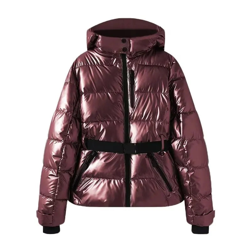 2025 Women Winter Hooded Down Jackets With Belt Lady Warm Thick Long Sleeve Stand Collar Parkas Padded Coats Sports Ski Outdoor