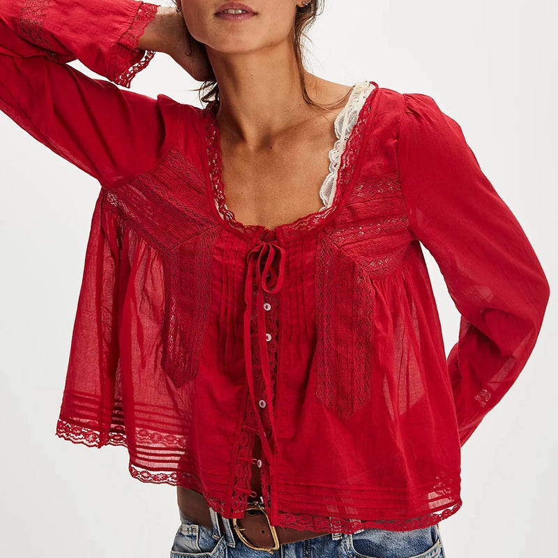 Blusa feminina Combhasaki Y2K Fairy, manga comprida, gola quadrada, patchwork de renda, amarração frontal transparente, blusa curta com botões
