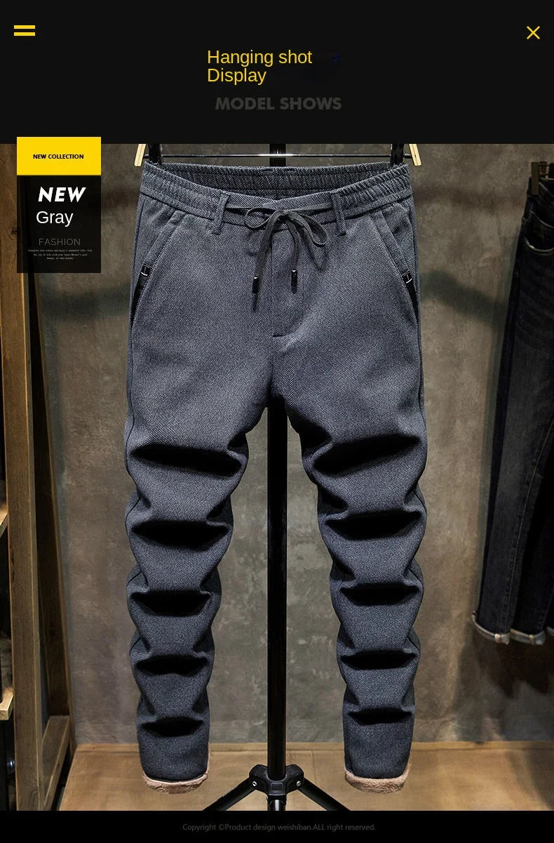 Korean Fashion Fleece Plush Mens Casual Full Length Elastic Waist Autumn and Winter Thickened Drawstring Sports Joggers Trousers