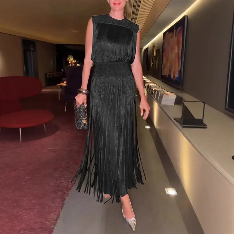 Elegant Tassel Maxi Dress Women Slim Spring Summer O-neck Shine Ankle-length Dresses Lady Sleeveless Solid Robe Female Party