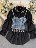 Blusa feminina nova primavera outono com contas de diamantes e manga bufante, top com borlas e pérolas, colete com alça, camisa de duas peças