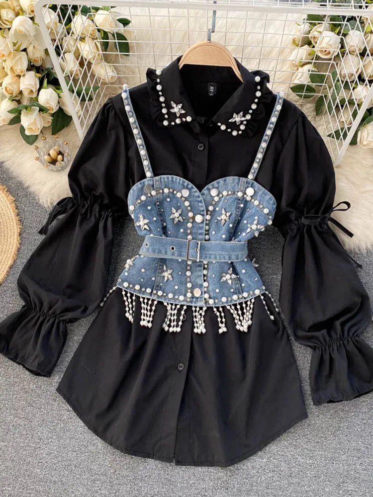 Blusa feminina nova primavera outono com contas de diamantes e manga bufante, top com borlas e pérolas, colete com alça, camisa de duas peças