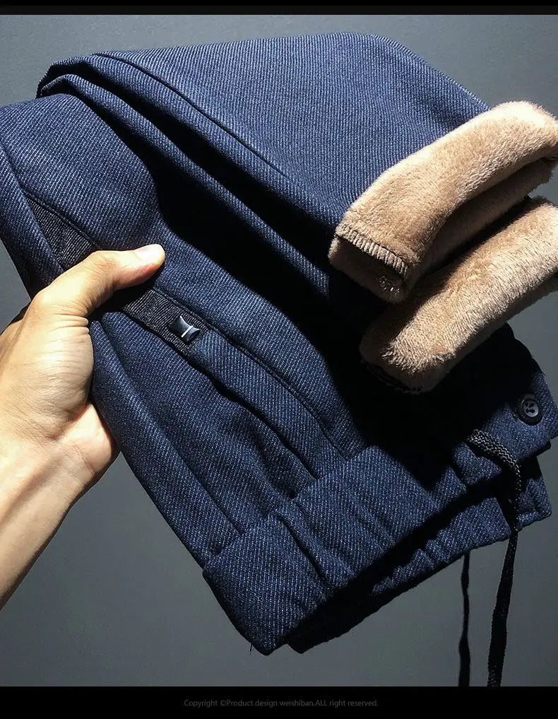 Korean Fashion Fleece Plush Mens Casual Full Length Elastic Waist Autumn and Winter Thickened Drawstring Sports Joggers Trousers