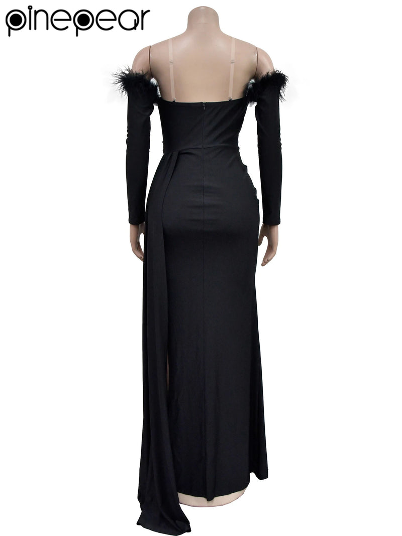 PinePear 2025 Winter Feather Full Sleeve Party Maxi Dress Women Strapless Backless High Slit Elegant Floor Length Wedding Dress