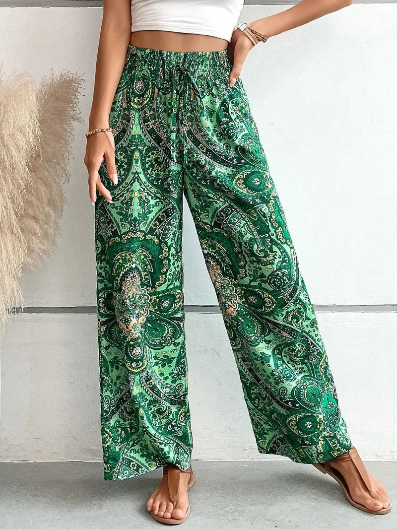 Calças de cintura alta com estampa da moda, pernas largas, primavera-verão, roupas femininas, calças casuais soltas, faixas elásticas, estilo boho, calças de praia