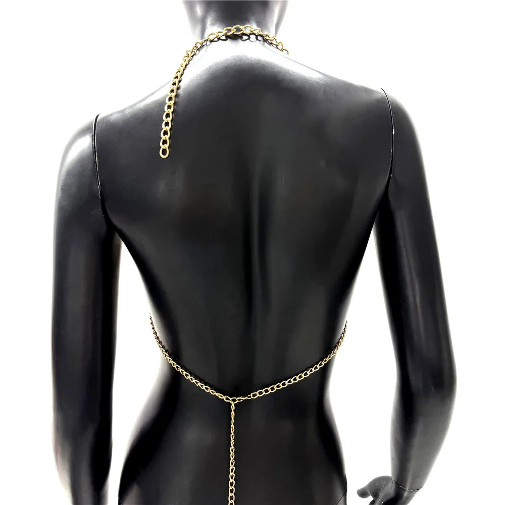Women Metal Chain Tassel Tank Top Sexy Deep V Neck Backless Hollow Out See Through Crop Top Body Chain Party Club Camisole