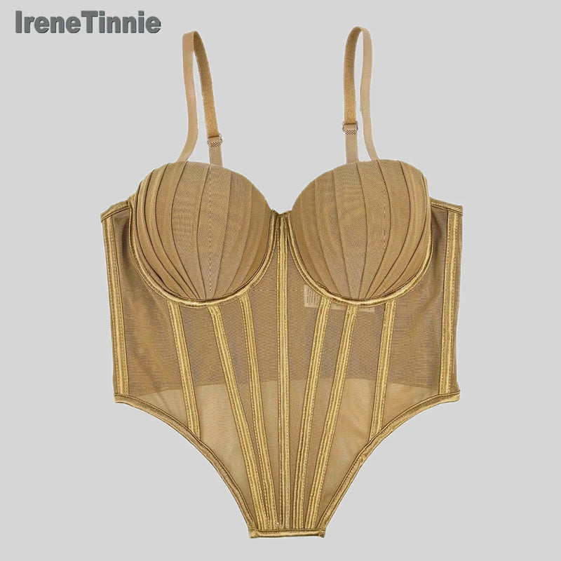 Corpete transparente de malha feminino, faixa espinha de peixe na cintura, corpete bustiê, tops sensuais